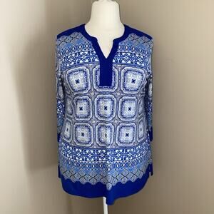 Charter Club Blue White Paisley V Neck 3/4 Sleeve Jersey Tunic Top Size 1X